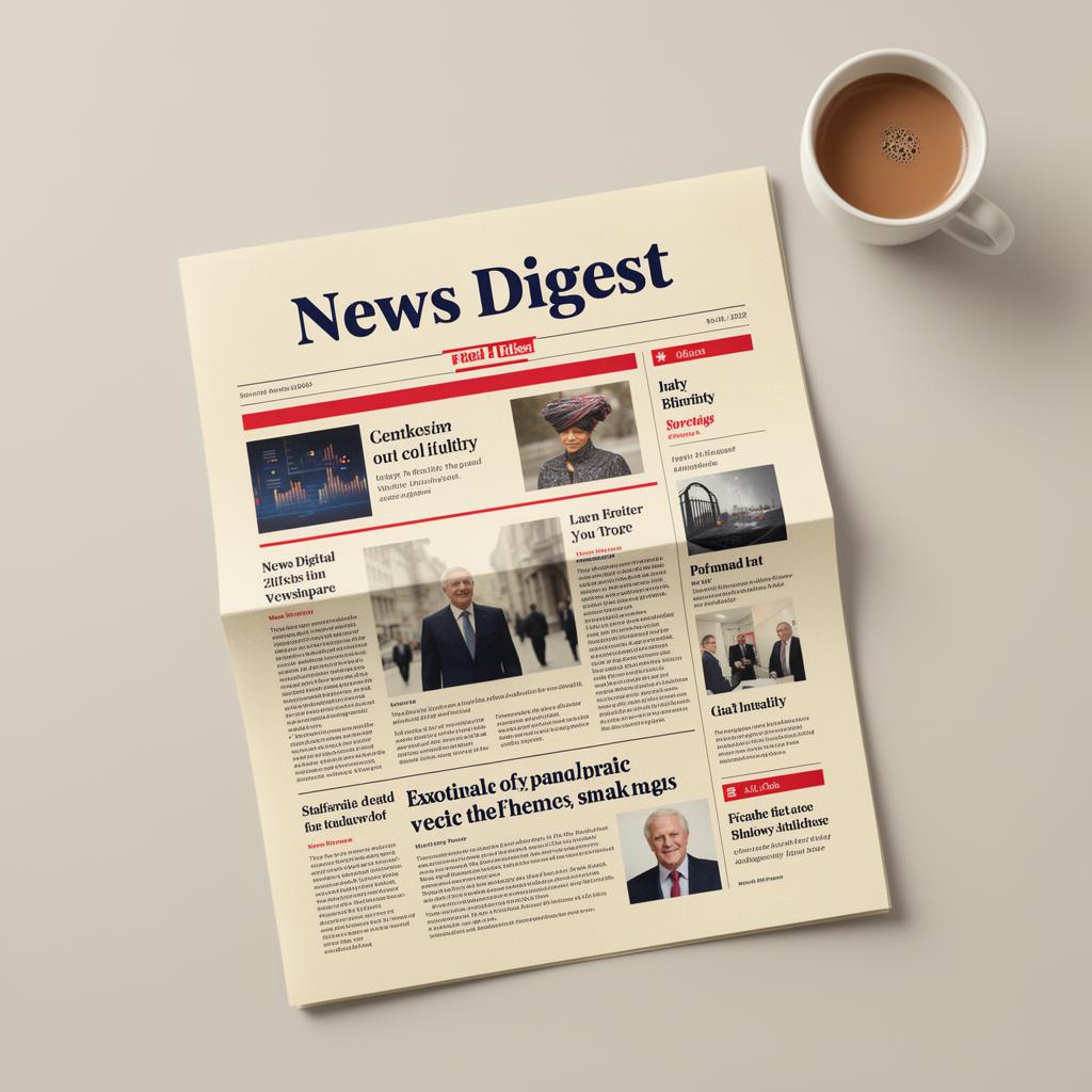 A beautifully designed daily news digest on a desk with chai tea